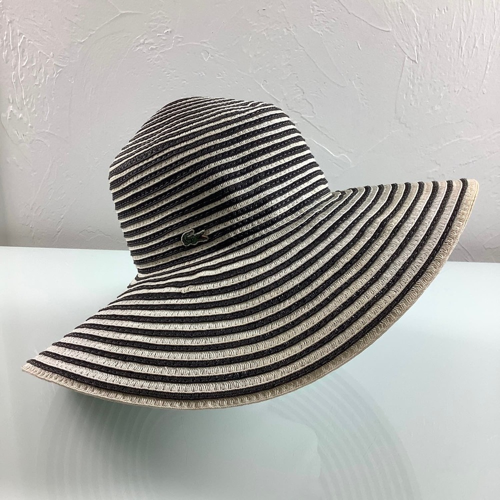 RARE Lacoste Wide Brim Paper Sun Black & Cream Hat Size OSFM EUC